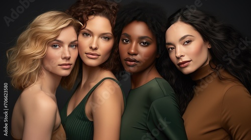 striking image of four young women with distinct skin types, united in strength and beauty. Perfect for promoting inclusivity, empowerment, and cultural diversity.