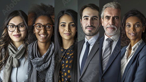 Composite of six individual portraits from diverse ethnic backgrounds, each smiling and dressed in business casual attire, suggesting a professional and inclusive work environment. photo