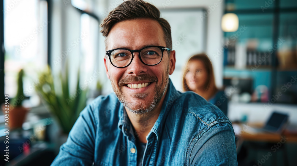 Сheerful man smiling confidently with a blurred office background. Сheerful man smiling confidently with a blurred office background.