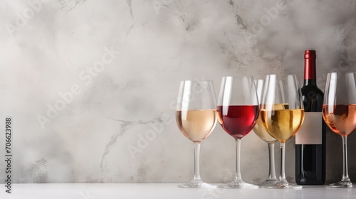 enticing flat lay of red, rose, and white wine in glasses, with corkscrews on a chic gray concrete background.
