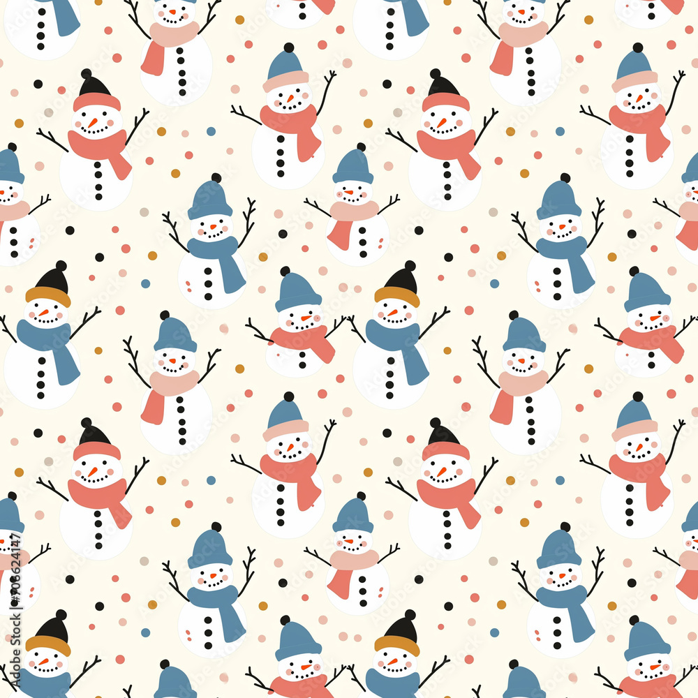 Snowmen seamless pattern. Can be used for gift wrapping, wallpaper, background