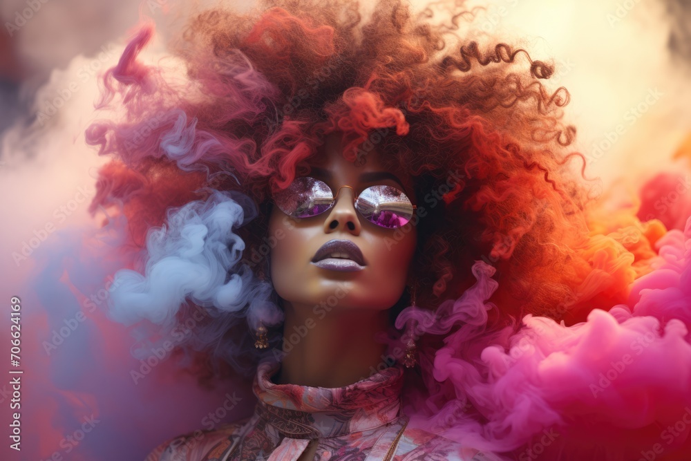women with smoke in her hair, in the style of light multicolor