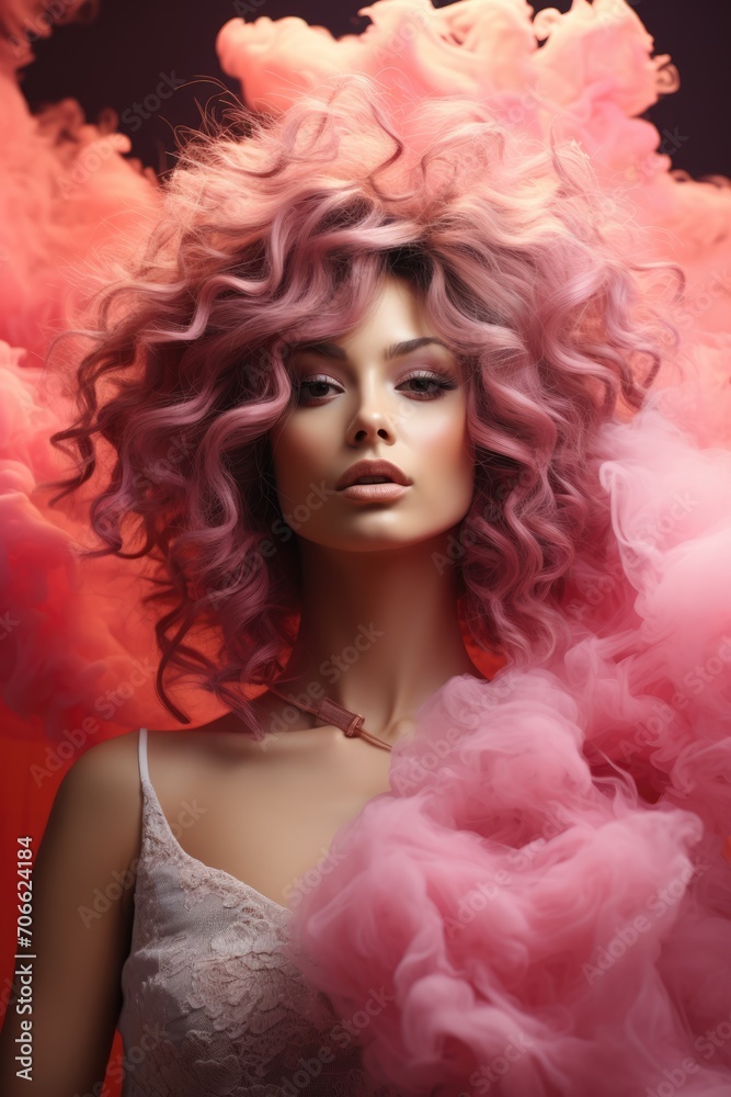 women with smoke in her hair, in the style of light multicolor