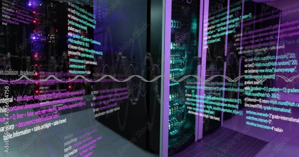 Animation of layers of data processing on interface screens over computer server room