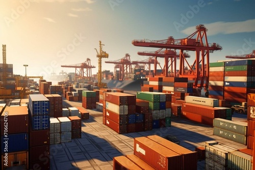 A photo showing various containers in a logistics harbor. Generative AI