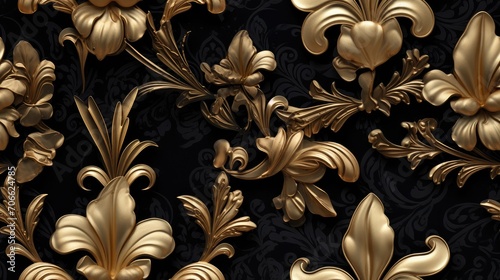 seamless gold pattern adorned with Fleur-de-lis on a dramatic black backdrop. Ideal for luxurious backgrounds, fabric prints, and classic design projects.