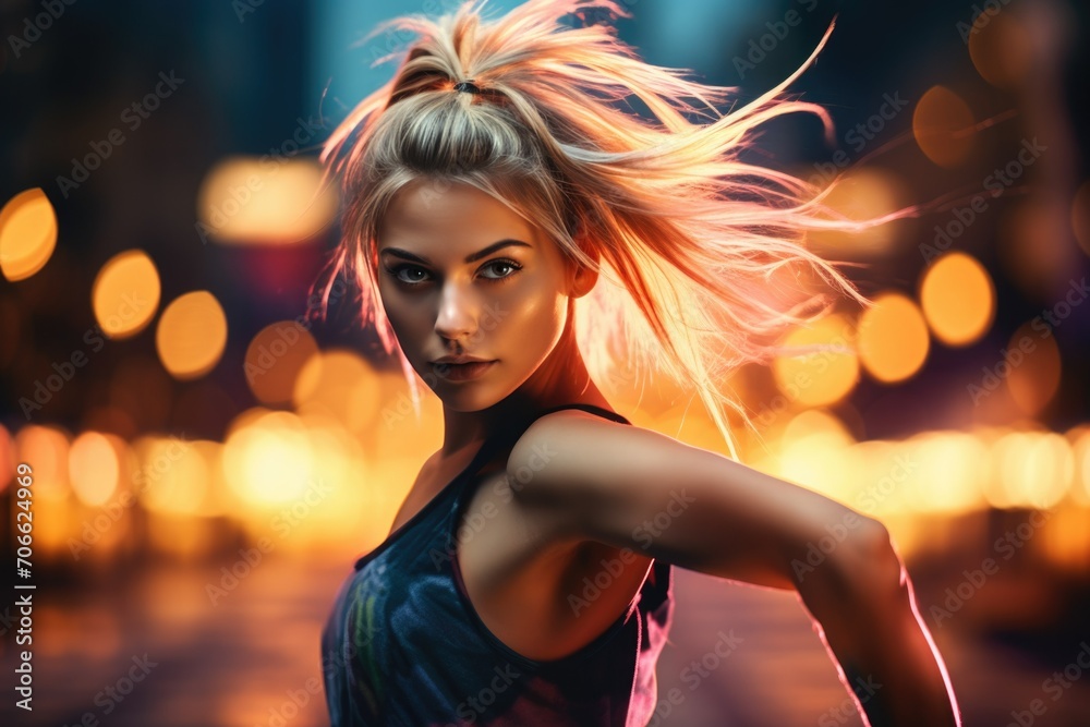 Naklejka premium Girl dancer portrait. Athletic woman with ponytail hairstyle. Urban background