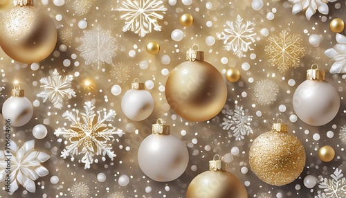 festive christmas background with white and gold snowflakes and pearls