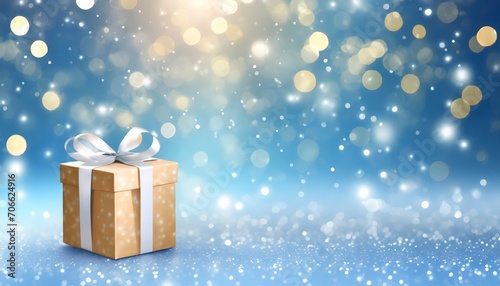 gift box on blue background with glitter lights blurred bokeh christmas and new year surprise gift box © Irene