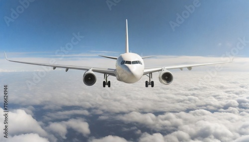 passengers commercial airplane flying above clouds
