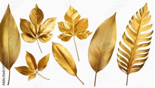 golden leaves set on white background isolated closeup gold color leaf collection yellow metal floral design element shiny metallic foliage ornament decorative vintage pattern flower plant branch