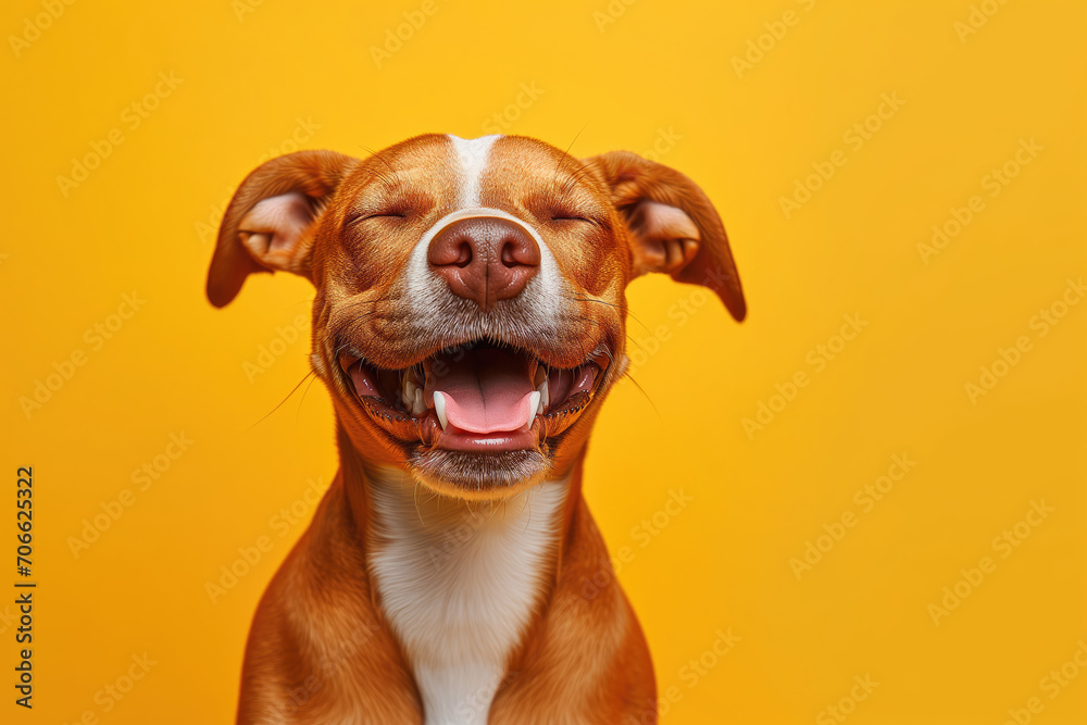 Dog smiling with happy expression and closed eyes on color background