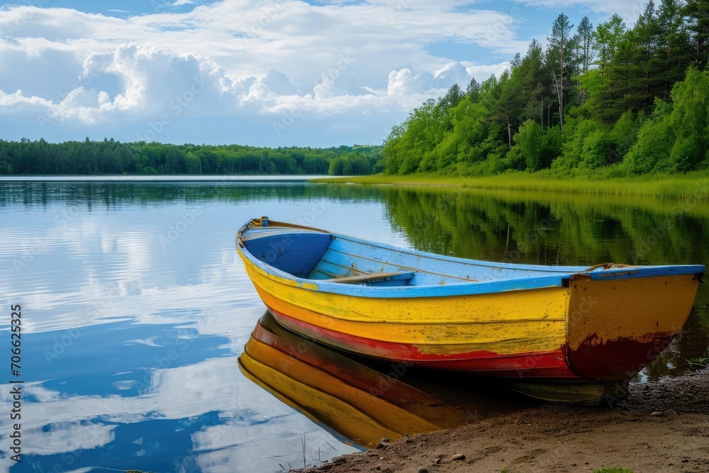 Brightly painted rowboat resting on a tranquil lakeshore Brightly painted rowboat resting on a tranquil lakeshore