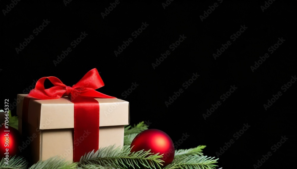 merry christmas banner with blank space for text black background giftboxes fir tree branches red ornaments 8k uhd image