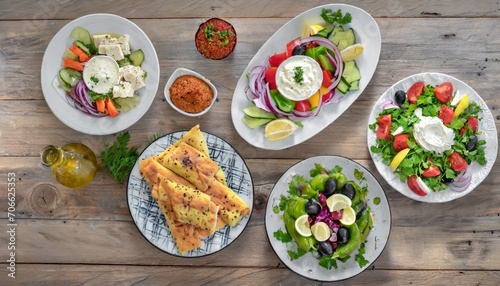 selection of traditional greek food salad meze pie fish tzatziki dolma on wood background top view