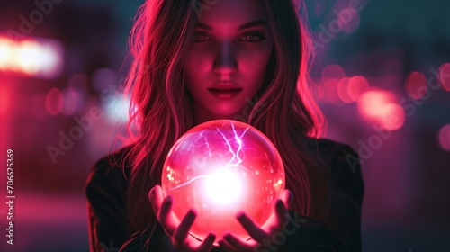 women hold a glowing magic ball, fortune teller, magic crystal