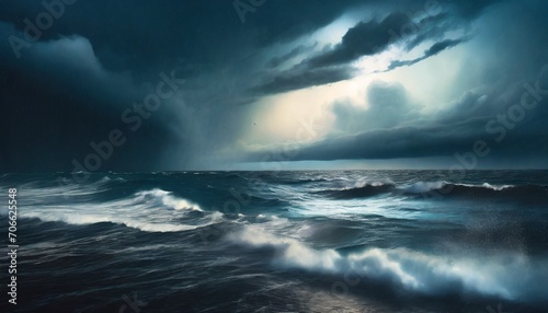 storm with dark clouds at night over the water of the ocean with waves epic historical scenario for a maritime wallpaper landscape for brave sea adventures © Irene