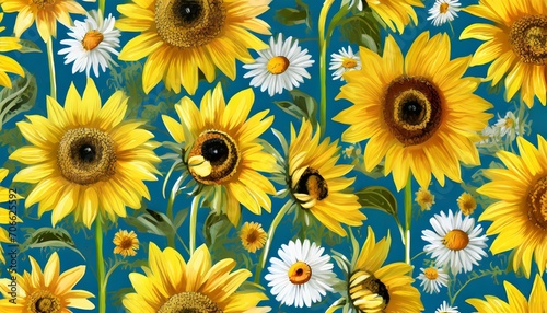 yellow sunflowers white bells daisies bumblebees floral seamless pattern with hand painted flowers summer floral wallpaper luxury design for wallpapers textiles clothes fabrics websites