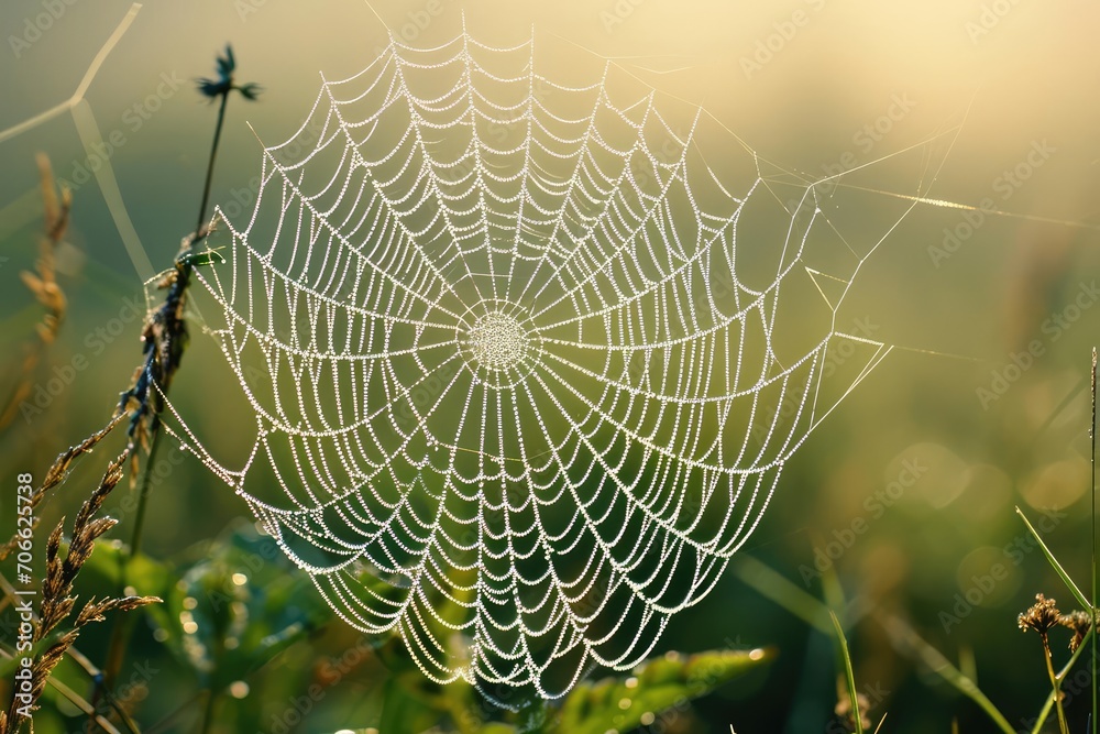 Dew-covered spider web in the early morning light
