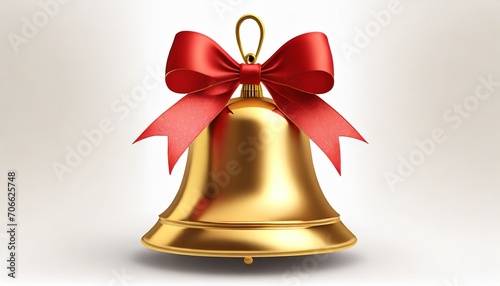 golden christmas bell with a red bow on white background