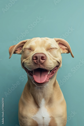 Dog smiling with happy expression and closed eyes on color background