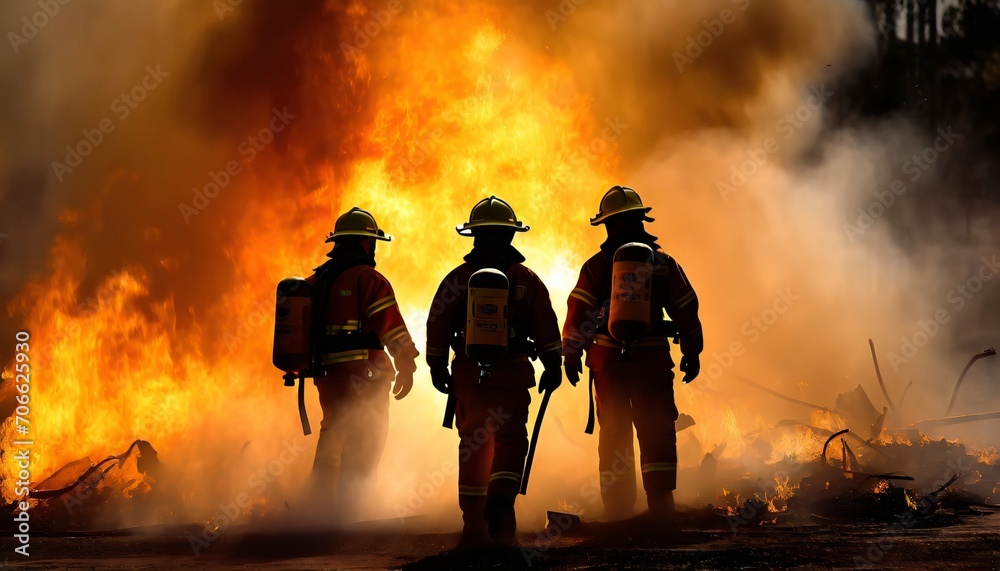three firefighters in silhouette surrounded by smoke and debris from a fire a dramatic and powerful image that captures the danger and heroism of their work related to fire emergency and rescue