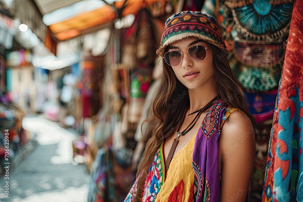 Female model in a colorful bohemian outfit Amidst a vibrant street market