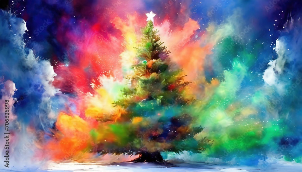 a captivating and surreal image of a christmas tree surrounded by an explosion of vibrant smoke