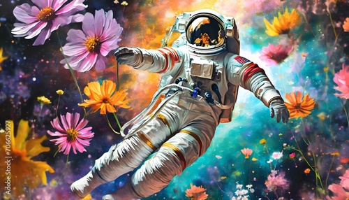 an astronaut is hanging in space with several flowers in the style of psychedelic dreamscapes wimmelbilder sketchfab airbrush art dynamic pose i can t believe how beautiful this is luminous pal photo