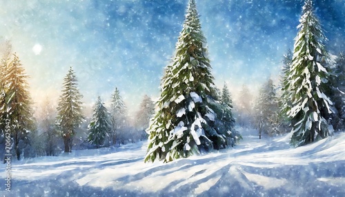 winter landscape with snow and fir trees as vintage christmas wallpaper