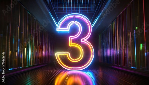 3d rendering neon number three glowing colorful line inside the glass symbol 3 shape top chart