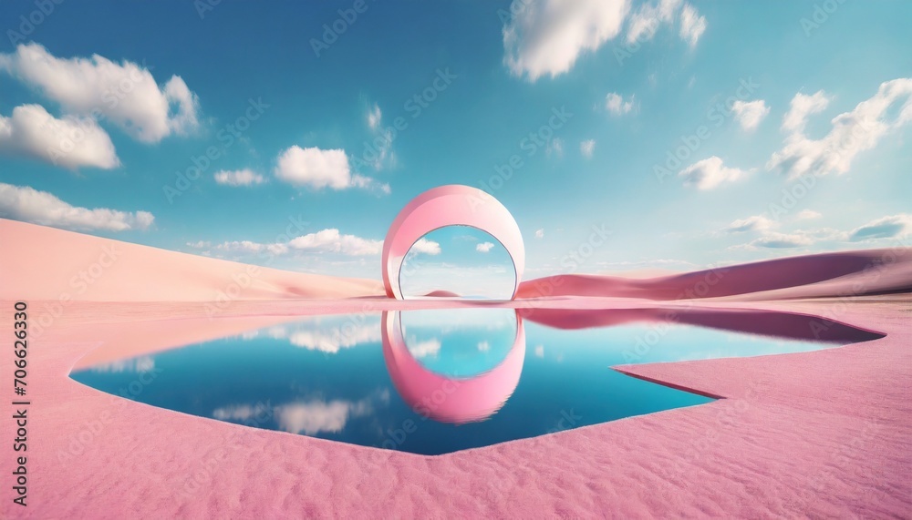 3d render abstract fantastic background surreal fantasy landscape pink desert with lake and geometric mirror under the blue sky with white clouds modern minimal wallpaper