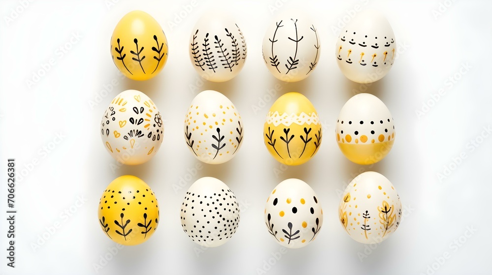 Light Yellow Easter Eggs on a white Background. Artistic Easter Template with Copy Space