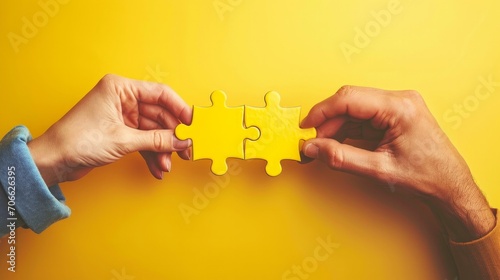 Photo closeup hands of man connecting jigsaw puzzle two hands trying to connect couple puzzle with yellow background hand connecting jigsaw puzzle man hands connecting couple puzzle piece 