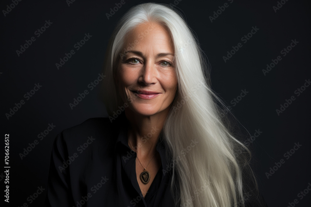 Radiant 55-Year-Old: Long White Hair Elegance Radiant 55-Year-Old: Long White Hair Elegance