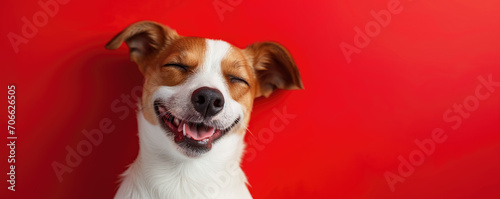 Dog smiling with happy expression and closed eyes on color background © thejokercze