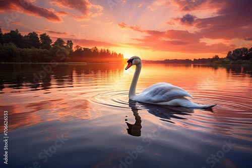 Graceful swan floating on a serene lake at sunset