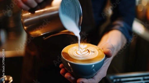 Professional male barista pouring a steamed milk into a coffee cup making a latte art 