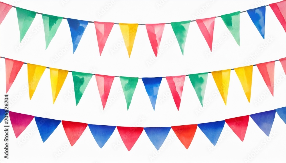 set carnival garlands with flags birthday party decoration string of flags banner background decorative colorful party pennants for birthday celebration festival and fair decoration watercolor - obrazy, fototapety, plakaty 
