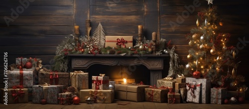 Festive Christmas scene with presents and ornaments on wood.