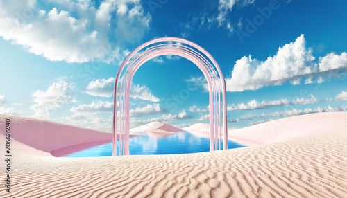 3d render modern abstract background surreal fantastic landscape blue sky with white clouds pink sand dunes calm water and chrome arch fantasy wallpaper with neon geometric triangular frame