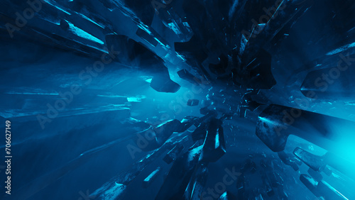 Fototapeta Naklejka Na Ścianę i Meble -  Tunnel of flying steel blocks in blue dim light space. Abstract background