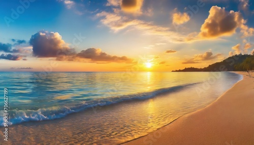closeup sea ocean bay panoramic beach landscape inspire tropical mediterranean seascape horizon orange gold blue sunset sky calm tranquil sunlight summer mood best vacation travel colorful panorama