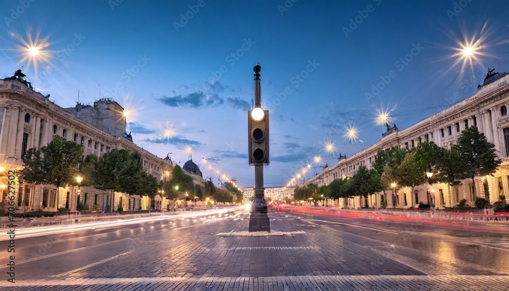 traffic lights in the center of the capital city of romania bucharest university square photo shot at dusk