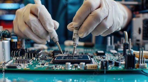 technician in antistatic gloves using screwdriver to disassemble borken mobile phone, going to repair motherboard, sitting at his workplace in laboratory with needed equipment    photo