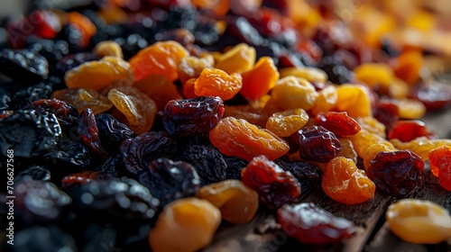 Mix of dried fruits on a wooden background. Selective focus. Toned.