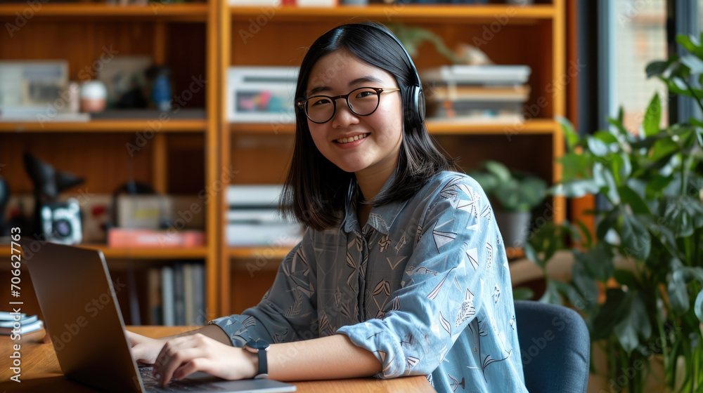Young woman smiling at the camera, wearing headphones and glasses, seated at a wooden table with a laptop Young woman smiling at the camera, wearing headphones and glasses, seated at a wooden table with a laptop
