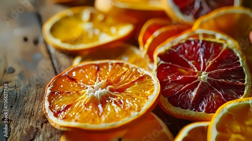 Slices of orange and grapefruit on a wooden background.