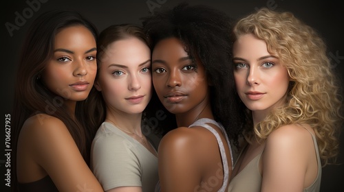 striking image of four young women with distinct skin types, united in strength and beauty. Perfect for promoting inclusivity, empowerment, and cultural diversity.