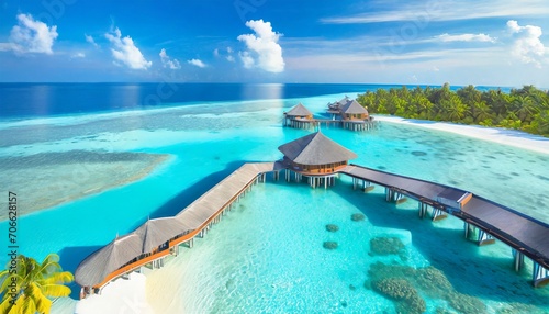 perfect aerial landscape luxury tropical resort or hotel with water villas and beautiful beach scenery amazing bird eyes view in maldives landscape seascape aerial view over a maldives © Irene